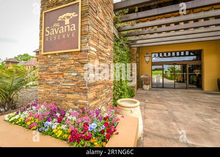 Reception at PAL Savana RESERVE, a safari-like hotel at Le Pal theme park in France. Stock Photo