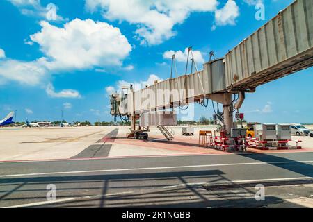 Corridor from the airport to the aircraft in the form of a sleeve for passengers Stock Photo