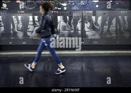 Naples, Italy. 13th May, 2023. The connecting tunnel between lines 1 and 2 of the Naples metropolitan railway network which allows the underground passage between the Piazza Cavour station and the Museo station. Line 1 of the Naples Metro is also called Art Stations where various Italian and international artists are present with works of art created specifically for the site or previously produced. Credit: Independent Photo Agency/Alamy Live News Stock Photo