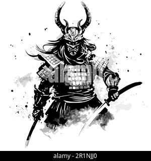Original illustration of a Japanese samurai fighting with sword and helmet in the style of chinese ink painting - vector illustration Stock Vector