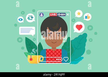 Afro american boy vlogger flat color vector character. Online broadcast on smartphone. Man streamer creates content in real life. Live stream isolated Stock Vector