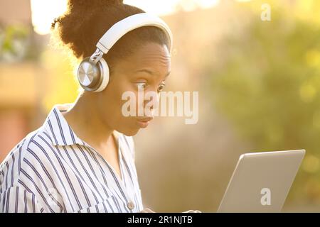 Surprised black woman watching media on laptop in a park Stock Photo