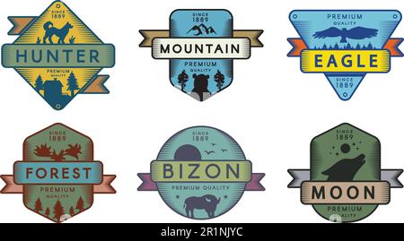 Forest wildlife vector logo templates set. Natural reserve symbol. Hunter, eagle, bizon silhouette Stock Vector