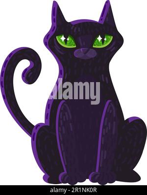 Magic cat with big green eyes color icon. Halloween symbol. Fairy beast with twister tail. Witchcraft cartoon sticker. Mystical animal isolated vector Stock Vector
