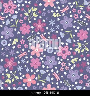 Seamless floral pattern with bright colorful flowers, leaves and dragonfly. An elegant template for fashionable prints. Modern floral background. Fash Stock Vector