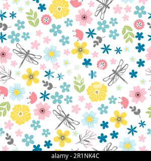 Simple seamless pattern with flowers and dragonflies Stock Vector