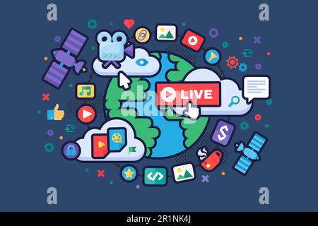 Global news concept icon. Social media producing tools. Live stream idea semi flat illustration. Online broadcast badges. Vector isolated color drawin Stock Vector