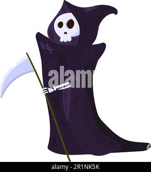 Death with scythe, skeleton wearing cloak. Halloween character isolated on white background. Scary dead reaper figure with skull head. Vector illustra Stock Vector