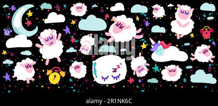 Sleeping sheep vector illustrations set. Bed time positive illustration. Night sky design elements Stock Vector