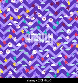Night Time Dreams Symbols Seamless Pattern Banner. Cute Sheep and Pillow, Snooze and Moon, Cloud and Stars Isolated on Blue and Red Wave Striped Backg Stock Vector