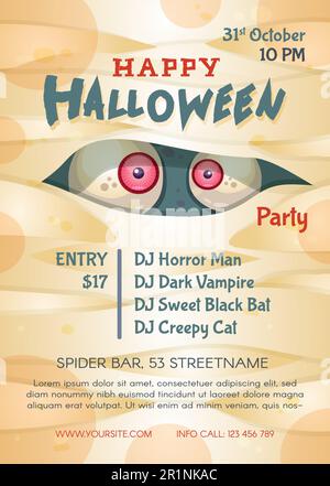 Happy halloween party poster template. Advertising invitation for celebration mystical holiday. Trick or treat. Commercial flyer design with semi flat Stock Vector