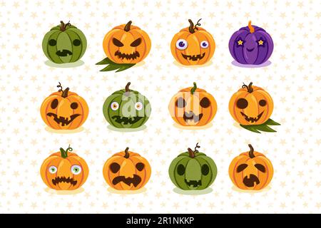 Set of scary pumpkins, halloween holiday symbols. Colorful pumpkins with funny and creepy faces. Cartoon party or greeting cards decoration collection Stock Vector