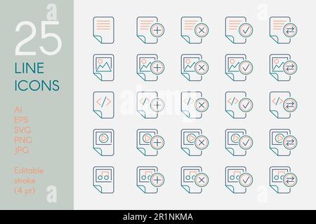 Documents and files color linear icons set. Data storage blue and yellow thin line pictograms Stock Vector