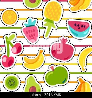 Exotic summer fruits vector seamless pattern. Fruits stickers on multicolored striped background Stock Vector