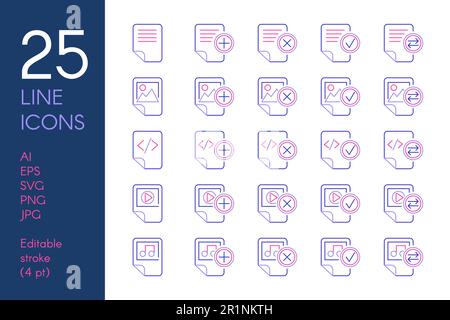 Documents and files color linear icons set. Data storage blue and yellow thin line pictograms Stock Vector