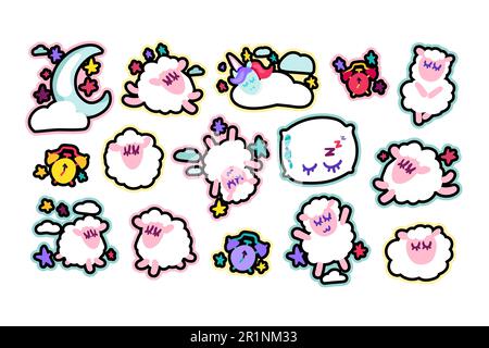 Collection Of Sleeping and Dreams Symbols Set. Cute Lamb, Unicorn and Pillow, Alarm Clock and Moon, Cloud and Stars Isolated on White Background. Good Stock Vector