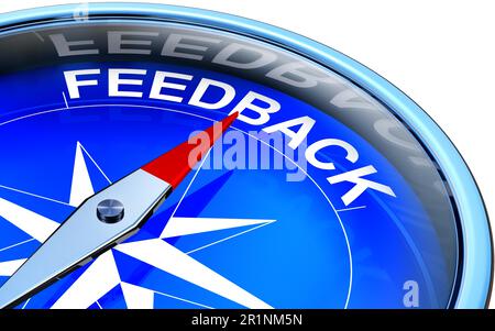3D rendering of a compass with a feedback icon Stock Photo