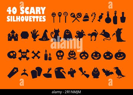 Halloween black glyph icons set on white space. Mystical silhouette symbols. Bat, cross, skull, candle, crow. Crazy pumpkins and spooky ghosts. Vector Stock Vector