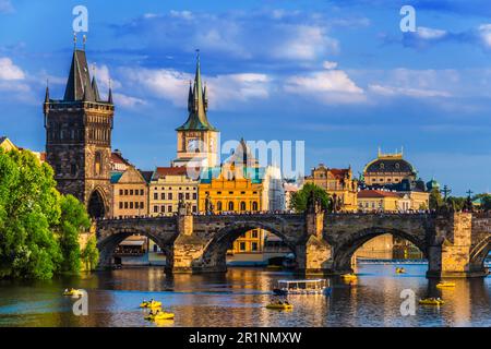 View of dowtown Prague with Charles Bridge over the Vltava river. Czech Republic Stock Photo
