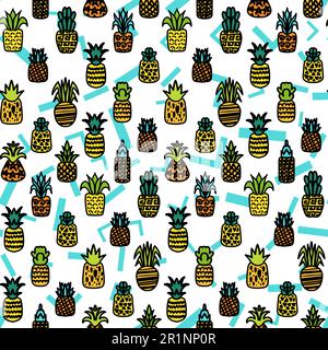 Whole pineapples vector seamless pattern. Summer juicy fruits, tropical wallpaper, textile design with memphis background Stock Vector