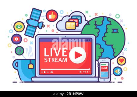 Live stream concept icon. Online broadcast news idea semi flat illustration. Button play. Modern channel design. Vector isolated color drawing Stock Vector
