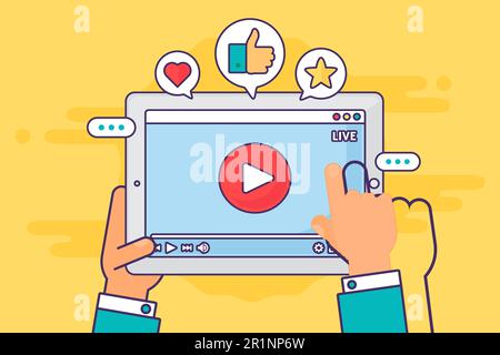 Live stream on screen top view concept illustration. Online streaming activity. Broadcast in real life. Tablet in hands semi flat cartoon drawing. Vec Stock Vector