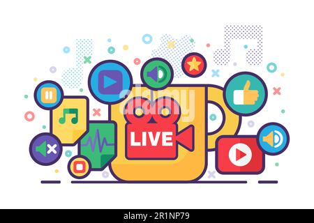 Live stream production concept illustration. News semi flat badges. Social media modern cover design. Materials for online broadcasting. Vector isolat Stock Vector