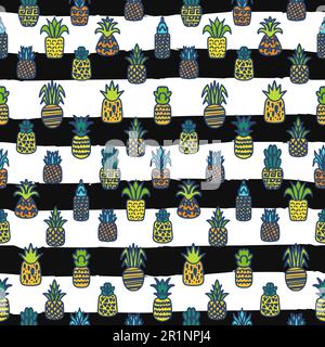 Pineapples vector seamless pattern. Summer fruit on striped background. Tropical wallpaper design Stock Vector