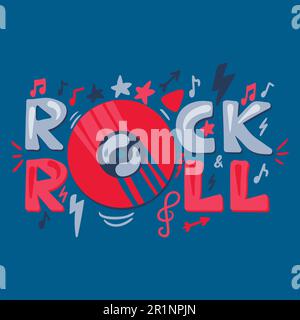 Rock N Roll hand drawn color lettering. Disco, retro music concert poster, banner vector template Stock Vector