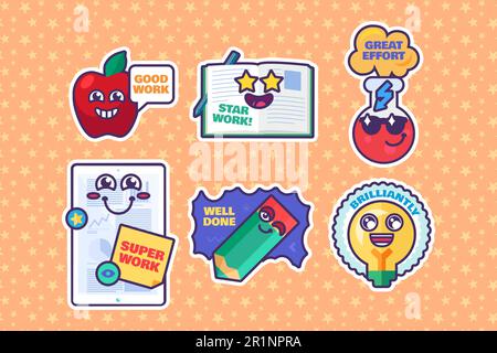 School awards set of cartoon stickers reward signs. Cute marks for teachers. Collection of funny labels with smiling faces for elementary school. Vect Stock Vector