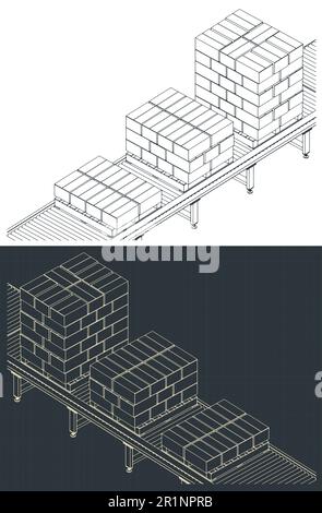 Stylized vector illustrations of isometric blueprints of automated conveyor lines for warehouses Stock Vector