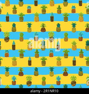 Pineapples vector seamless pattern. Summer fruit on striped background. Tropical wallpaper design Stock Vector
