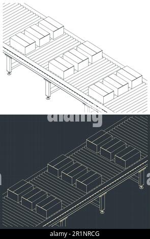 Stylized vector illustrations of isometric drawings of automated conveyor line for warehouses Stock Vector