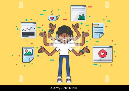 Multitask african american girl data specialist. Female seo programmer with many hands programming many tasks. Afro woman software technician, Flat ve Stock Vector