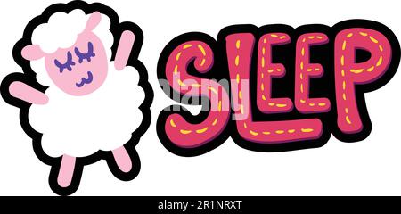 Sheep with sleep lettering patch. Stitched frame flat sticker. Dash line sleepy lamb drawing Stock Vector