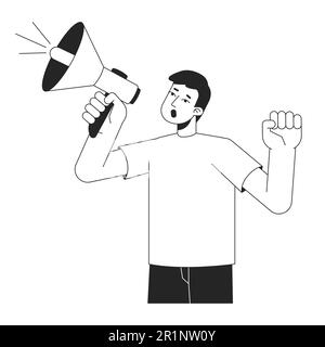 Asian young man shouting megaphone flat line black white vector character Stock Vector