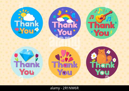 Thank you bright concept icons set. Greeting idea thin line color illustrations. Music, animal, diamond, rainbow and heart patches. Thanksgiving day. Stock Vector