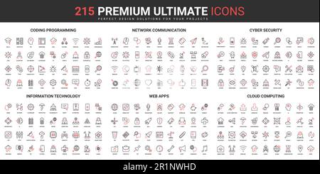 Cyber security thin black and red line icons set vector illustration ...