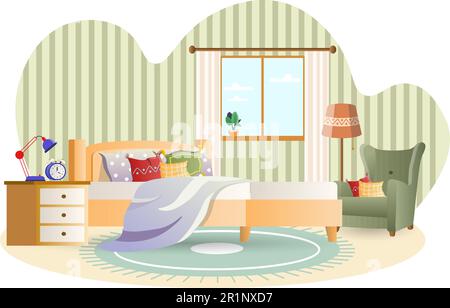 Bedroom illustration. Bed, pedestal, armchair, pillows, lamp. Editable vector graphic design. Stock Vector
