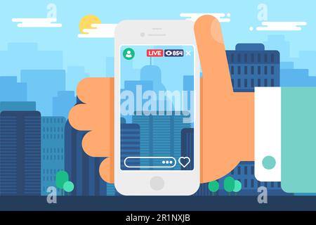 Traveler live stream concept vector illustration. Travel blogger recording online broadcast about town. Smartphone in hand semi flat color drawing Stock Vector
