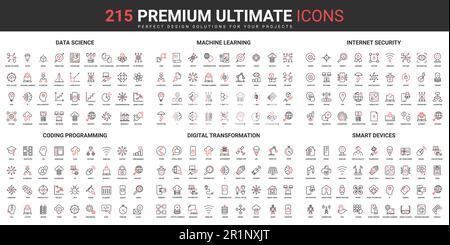 Science digital technology and hightech smart devices thin line red black icons set vector illustration. Abstract innovation pictograms with AI control, automation, simple design for mobile, web apps Stock Vector