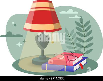 Bed Lamp illustration. Lamp, books, light, glasses. Editable vector graphic design. Stock Vector