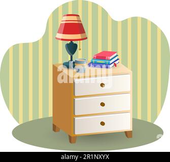 Pedestal illustration. Lamp, books, nightstand, cup. Editable vector graphic design. Stock Vector
