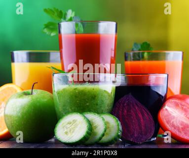Glasses with fresh organic vegetable and fruit juices. Detox diet Stock Photo