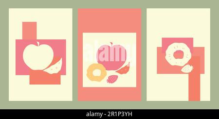 Set of creative posters with fruits. Still life poster collection with apple, strawberry and orange and pineapple slices. Geometric shapes. For interi Stock Vector