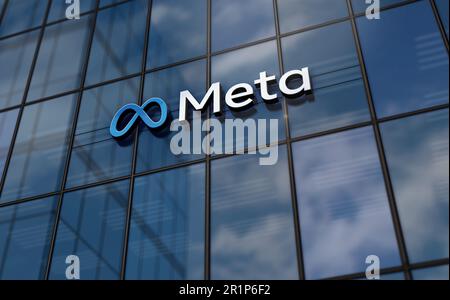 Menlo Park, USA, May 5, 2023: Meta corporation headquarters glass building concept. Metaverse facebook virtual reality network company symbol on front Stock Photo