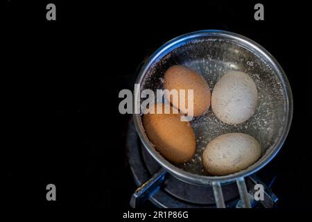 boil eggs in a saucepan on the stove. egg cooking healthy eating concept, flatlay Stock Photo