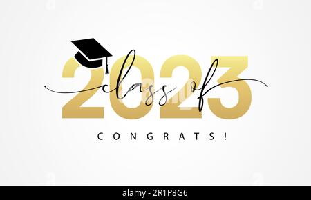 Class of 2023 word lettering script. 2023 Congratulation Graduate design with golden numbers and graduation academic cap. Vector illustration Stock Vector