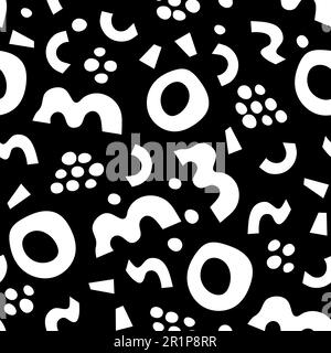 Black and white abstract paper cut shapes seamless pattern. Monochrome doodles background. Simple elements like O M om letters dots, geometric shapes. Contemporary naive art. Vector illustration. Stock Vector