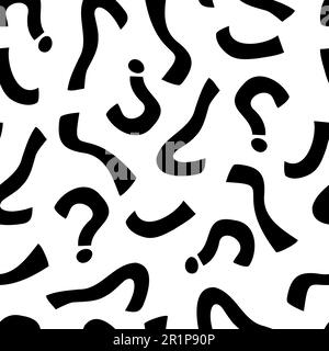 Abstract black and white doodle seamless pattern. Memphis style labyrinth and mosaic motives from ribbons strokes scribbles dots. Hipster question mark in curls background. Vector illustration. Stock Vector